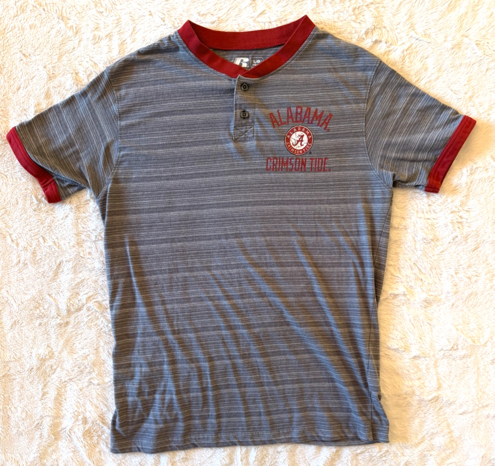 Alabama Crimson Tide Russell Athletic Mens Henley T-shirt Shirt Round Hem Size L